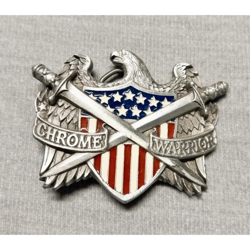 VINTAGE CHROME WARRIOR BIKER BELT BUCKLE EAGLE‎ FLAG AND CROSSED SWORDS RESIN